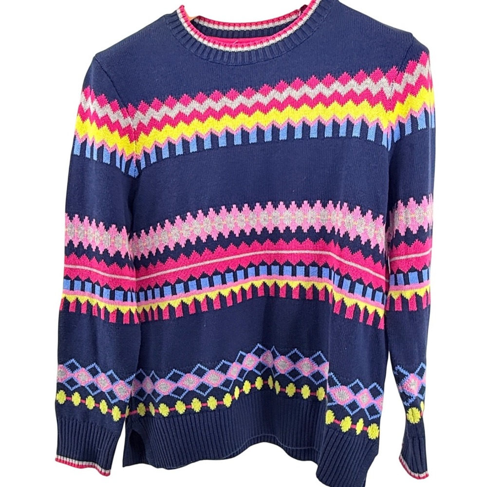 Charter Club Womens XL Navy Blue Neon Fair Isle Crewneck Sweater